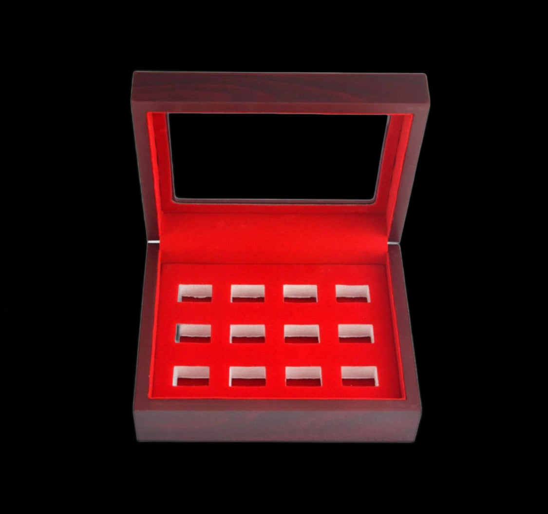 Premium Wooden Championship Ring Display Case - 12 Holes - Functional Design