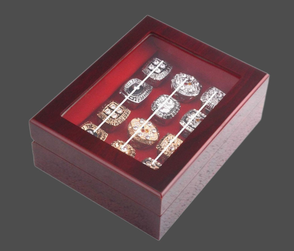 Premium Wooden Championship Ring Display Case - 12 Holes - Functional Design