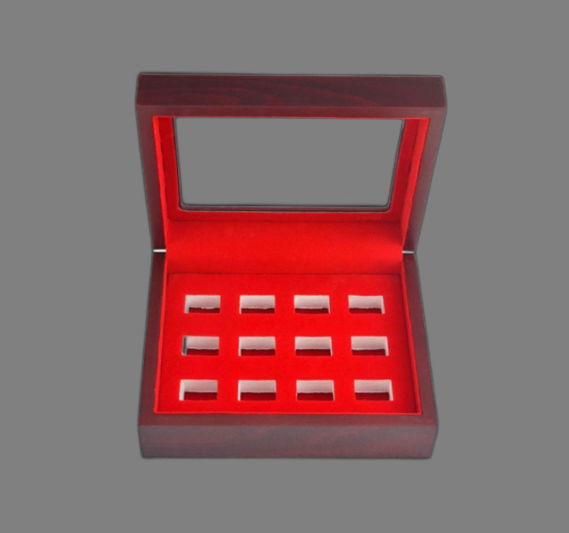 Premium Wooden Championship Ring Display Case - 12 Holes - Functional Design