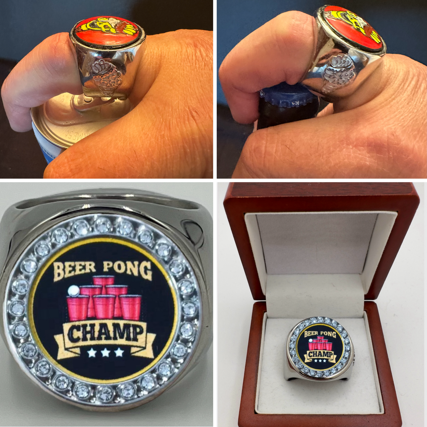 The deCAPitator BEER PONG CHAMP Ring bottle cap and can Ring goes on your middle finger for best leverage.