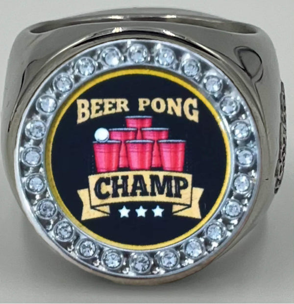 The deCAPitator BEER PONG CHAMP Ring bottle cap and can Ring goes on your middle finger for best leverage.